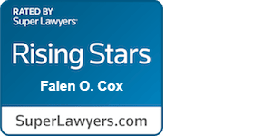 image of badge from Super Lawyers awarding Attorney Falen O. Cox a "Rising Stars" award for personal injury lawyers in Georgia.