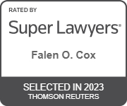 Image of badge from 2023 Super Lawyers awarding Attorney Falen O. Cox an award for personal injury lawyers in Georgia. Falen O. Cox is the founding partner of Cox, Rodman,